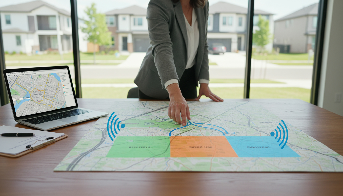 Real estate agent pointing to neighborhood map with zoning overlays and sound wave icons indicating noise sources