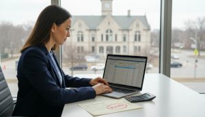 Realtor reviewing property tax certificate stamped PAID with laptop and checklist on desk
