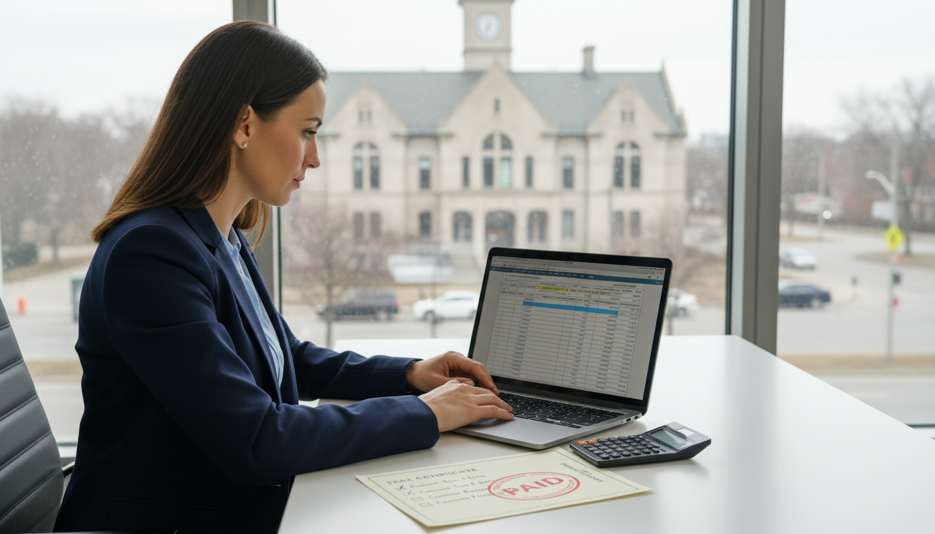 Realtor reviewing property tax certificate stamped PAID with laptop and checklist on desk