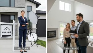 Split image showing a listing agent by a For Sale sign and a buyer’s agent showing a couple a home interior.