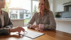 Real estate agent and homeowner reviewing a home sale contract at a kitchen table with pen and documents.