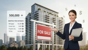 Condo building for sale with fee breakdown, calculator and realtor holding documents