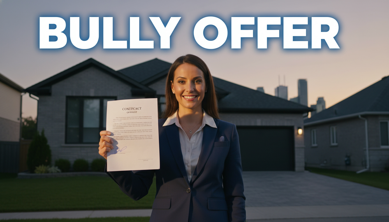 Real estate agent holding a contract in front of a house with the words 'Bully Offer' overlay