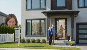 Homeowner and realtor managing a home showing while a nosy neighbour peeks over the fence