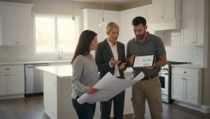 Realtor advising homeowner on renovation financing with blueprints and tablet showing loan options