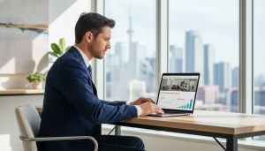Real estate agent reviewing Realtor.ca listing performance metrics on a laptop with featured listing highlighted.