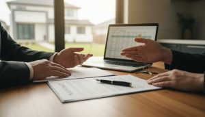 Realtor and buyers negotiating a below-asking offer over a contract at the kitchen table.