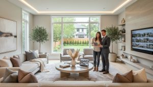 Professionally staged living room with realtor showing a couple listing photos on a laptop