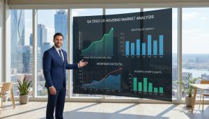 Real estate analyst reviewing charts of home prices, inventory and mortgage rates with a city skyline in background