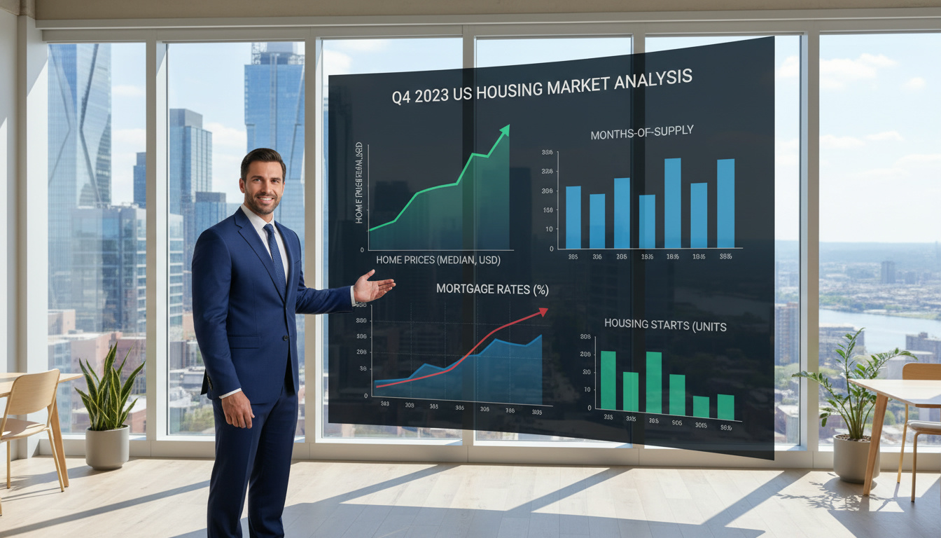 Real estate analyst reviewing charts of home prices, inventory and mortgage rates with a city skyline in background