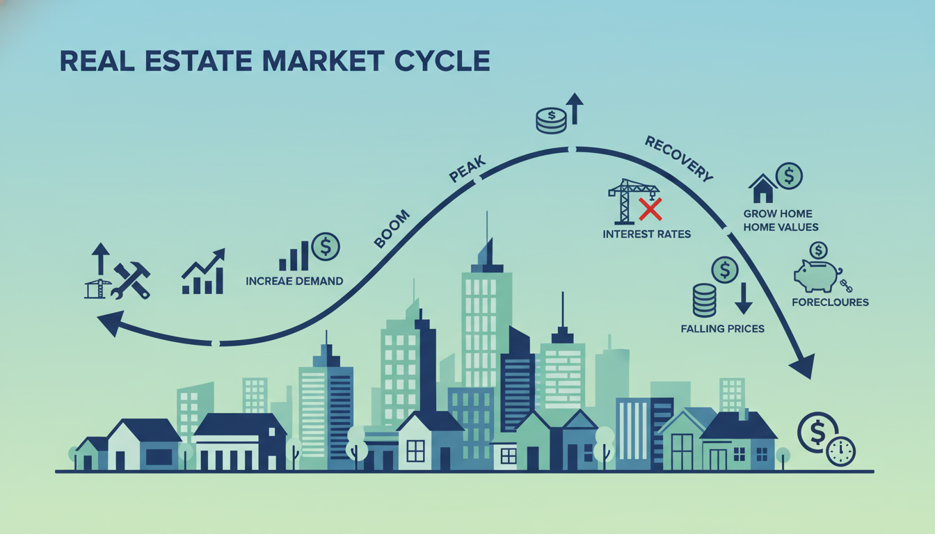 Infographic of real estate market cycle with graph overlay on city skyline, icons for interest rates and construction.