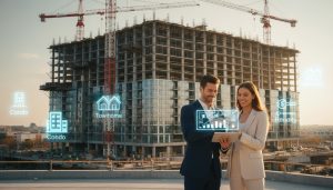 Real estate agent and investor reviewing pre-construction condo plans at a construction site with cranes and city skyline.