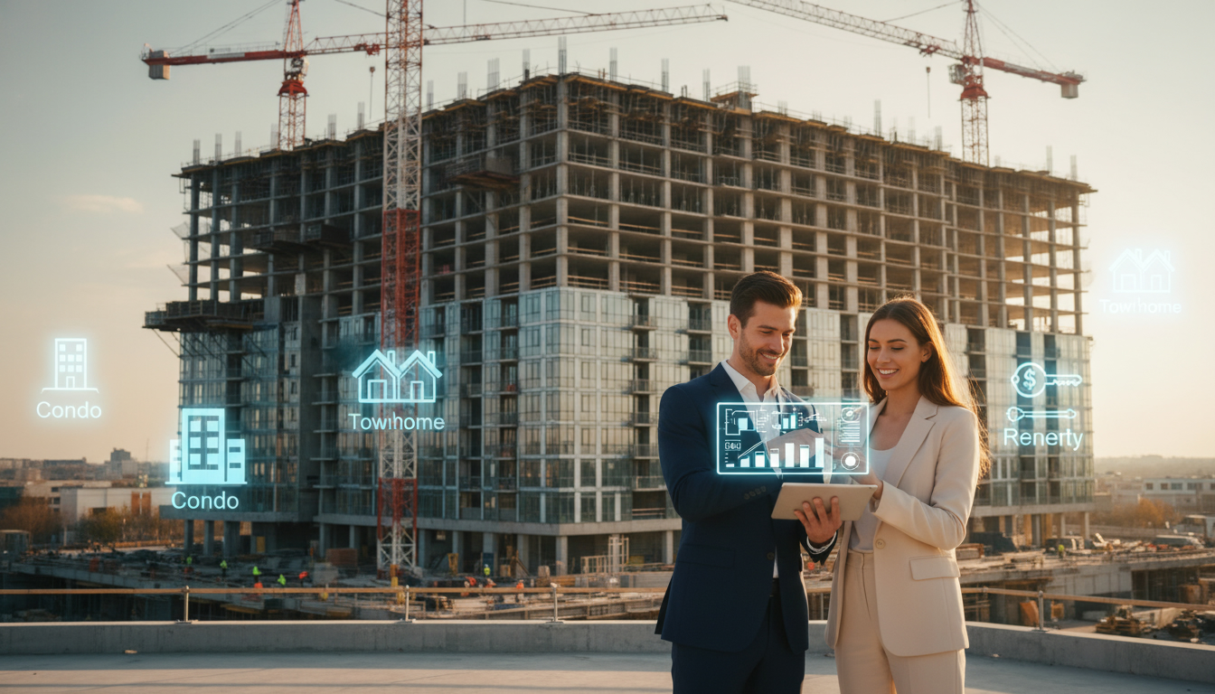 Real estate agent and investor reviewing pre-construction condo plans at a construction site with cranes and city skyline.