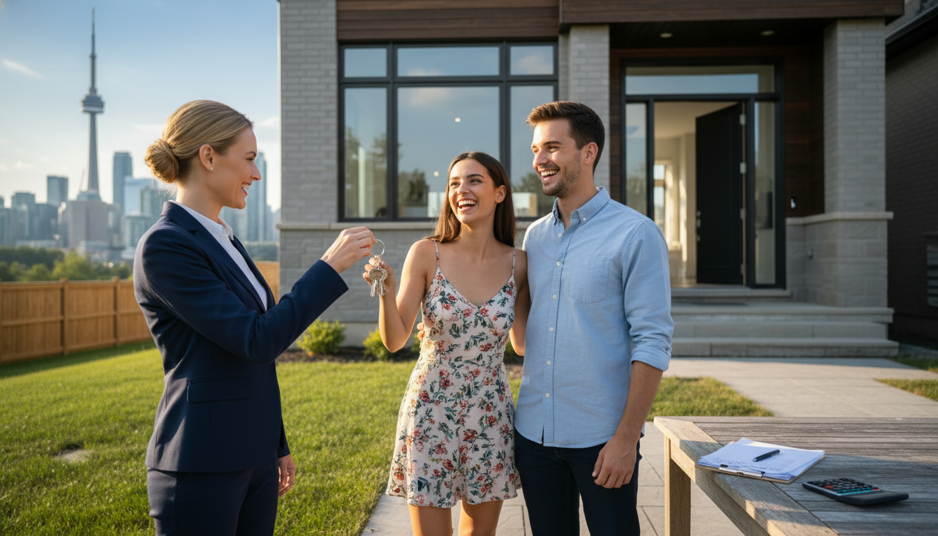 Realtor handing keys to first-time homebuyers with mortgage documents and Toronto skyline in background.