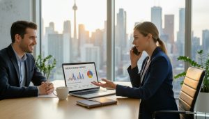 Realtor giving real-time updates to a client with laptop showing market charts and Toronto skyline in background
