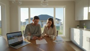 Homeowner and real estate agent reviewing a listing agreement at a kitchen table with laptop and pen