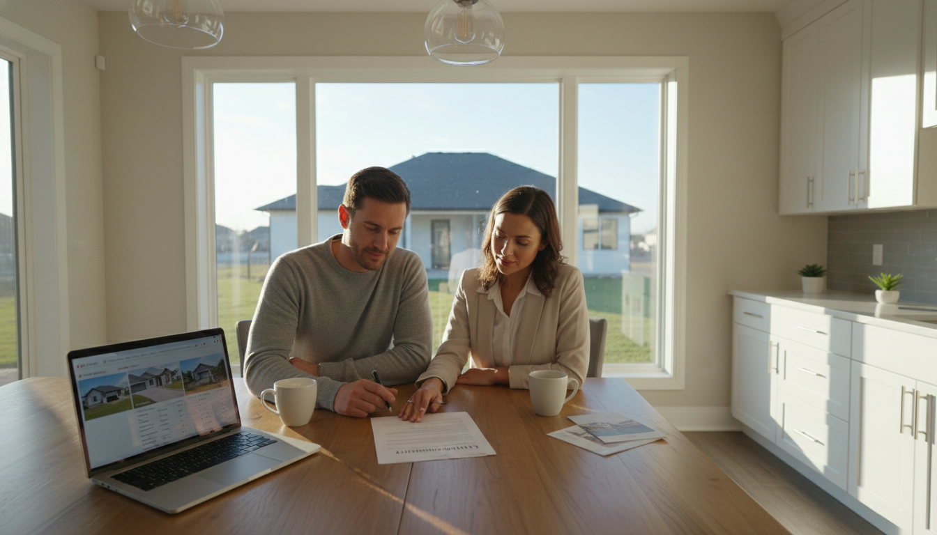 Homeowner and real estate agent reviewing a listing agreement at a kitchen table with laptop and pen