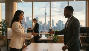 Client switching real estate agents in an office, exchanging paperwork with new agent