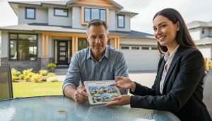 Real estate agent consulting homeowner with listing agreement and tablet showing property photos