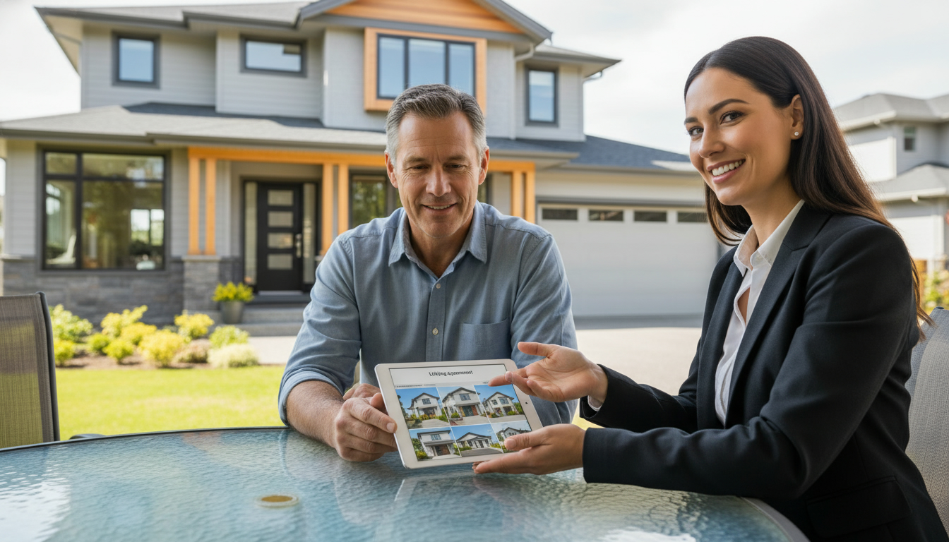 Real estate agent consulting homeowner with listing agreement and tablet showing property photos