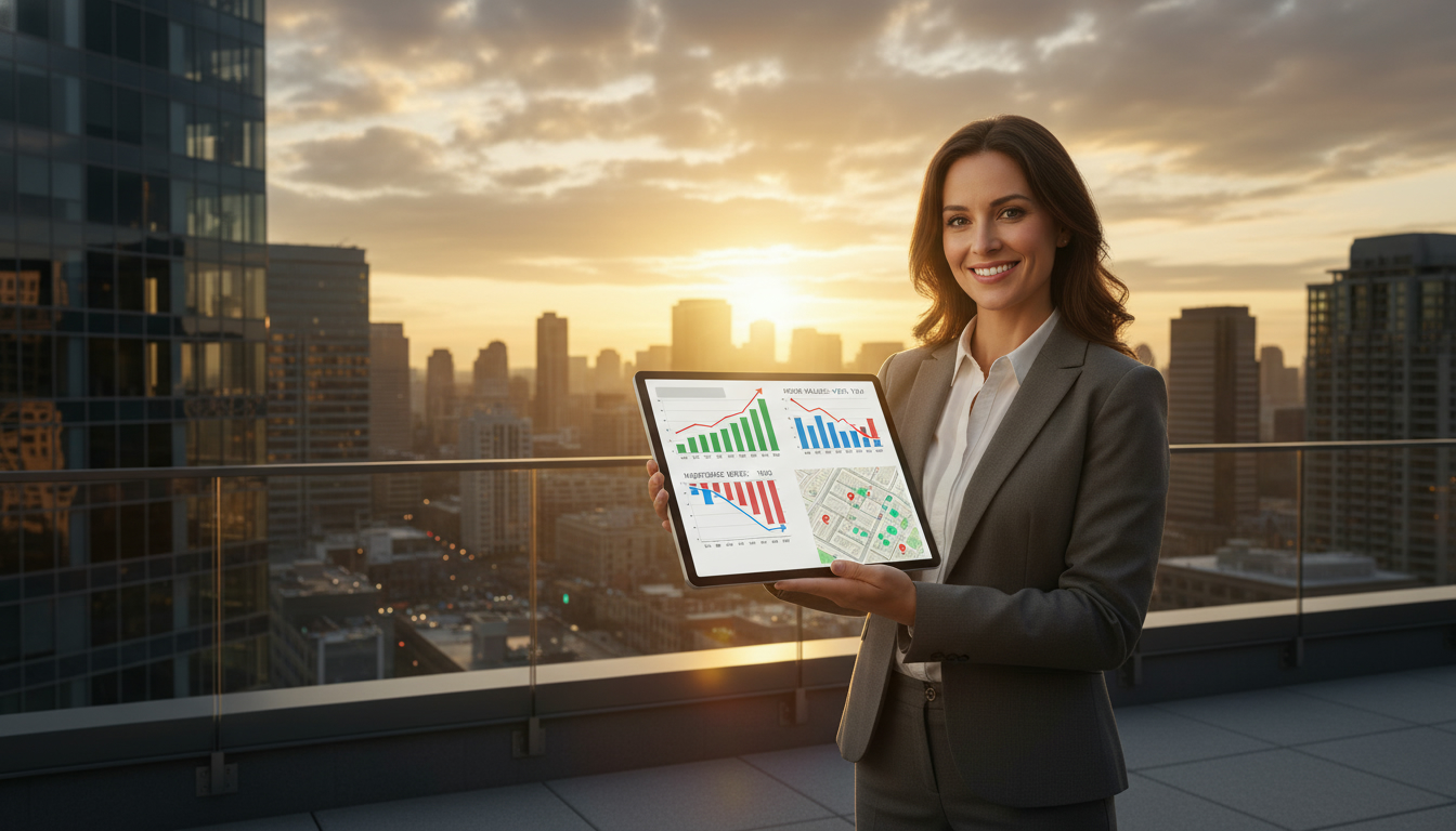 Local realtor with tablet showing housing market charts in front of a city skyline