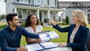 Realtor handing house keys and mortgage documents to buyers in front of a house, showing documents titled 'Mortgages & Liens'.