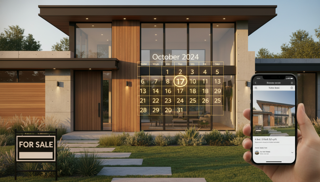 Modern home exterior with a calendar highlighting Thursday and a 'For Sale' sign
