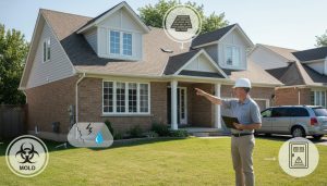 Home inspector pointing at roof and foundation of Ontario house with icons showing common defects.