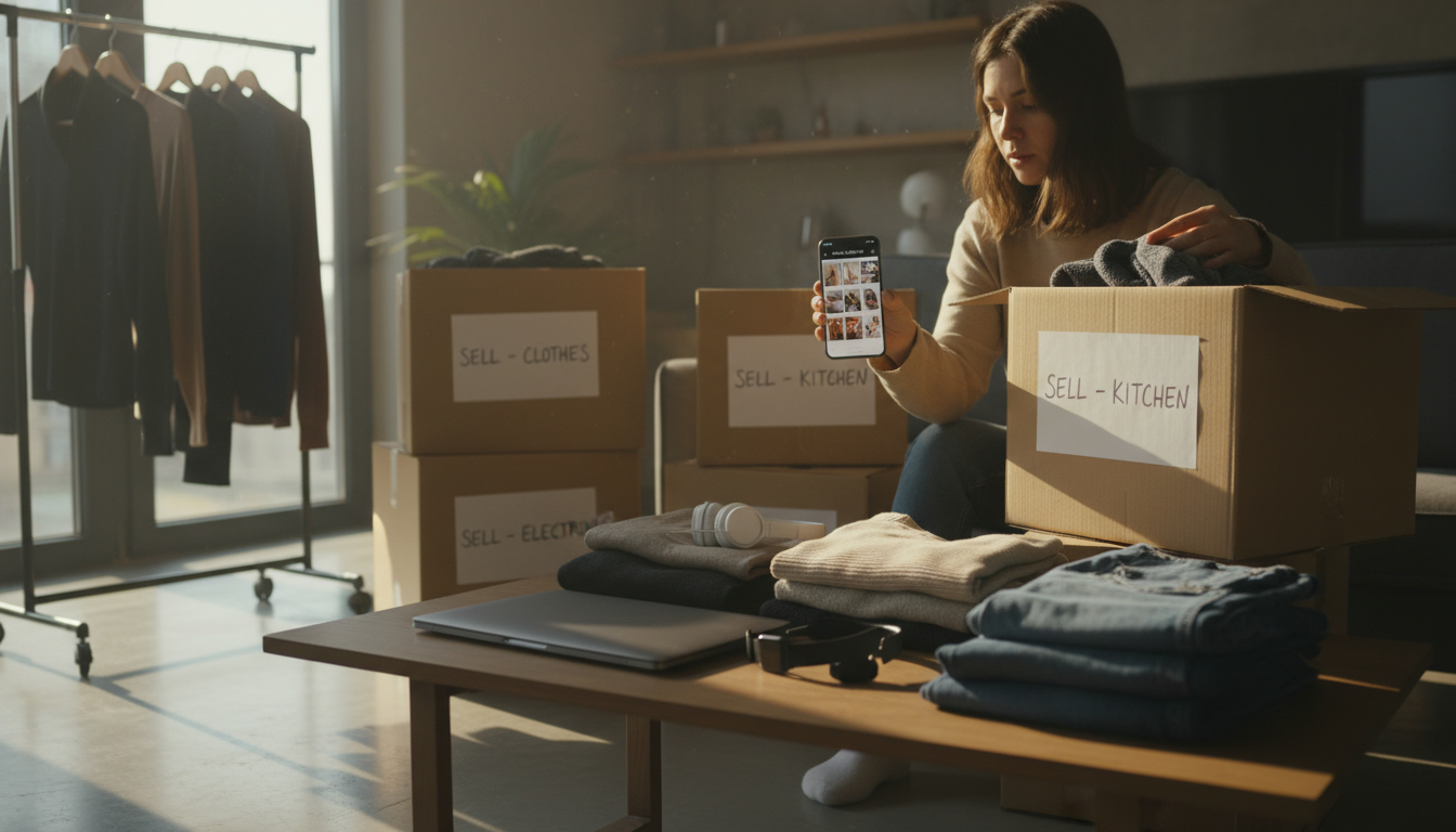Homeowner preparing unwanted items for online sale with smartphone and boxes