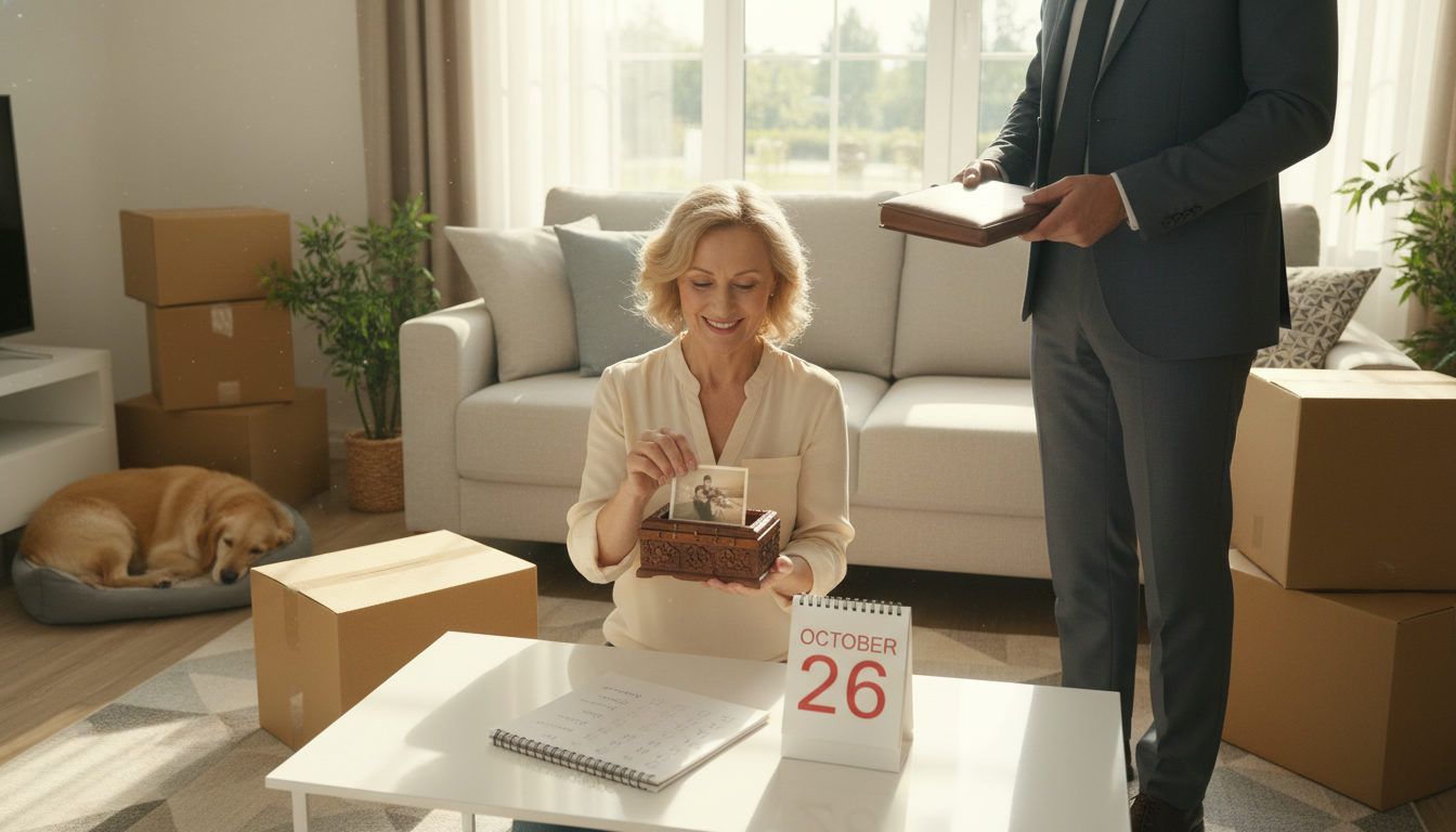 Homeowner packing a memory box with moving boxes and a realtor holding a market report