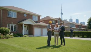 Home inspector with clipboard examining house while realtor talks to homeowner, Toronto skyline in background.