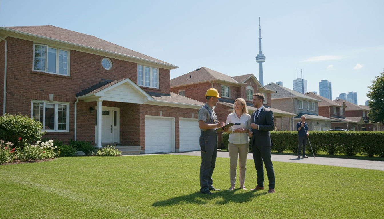Home inspector with clipboard examining house while realtor talks to homeowner, Toronto skyline in background.