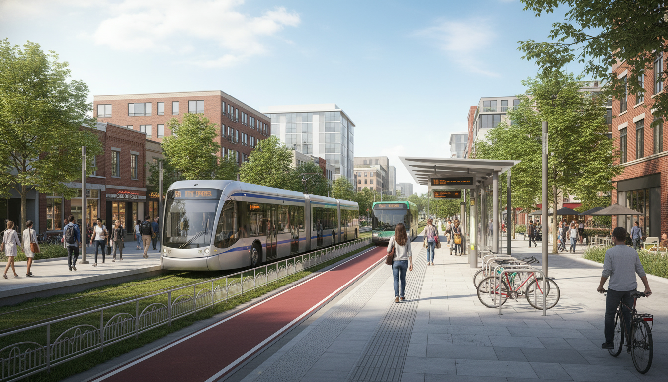 Modern light rail and bus in a walkable neighborhood with commuters and mixed-use buildings