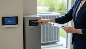 Realtor inspecting HVAC unit with thermostat and checklist in modern home