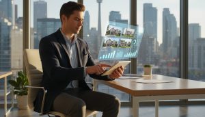 Realtor reviewing MLS listings on a tablet with Toronto skyline visible and data overlays