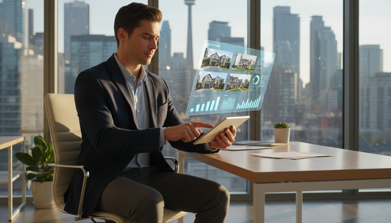 Realtor reviewing MLS listings on a tablet with Toronto skyline visible and data overlays