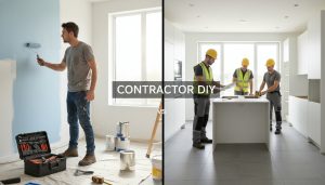 Split image of homeowner doing DIY on one side and professional contractor on the other during a kitchen renovation