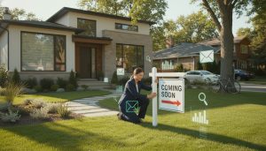 House with a 'Coming Soon' real estate sign and digital marketing icons around the agent