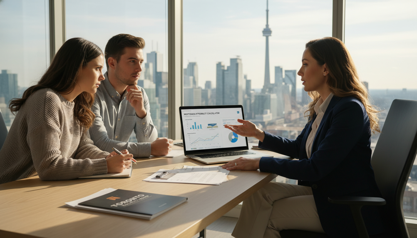 Realtor and clients calculating mortgage affordability with laptop showing mortgage calculator and Toronto skyline in background.