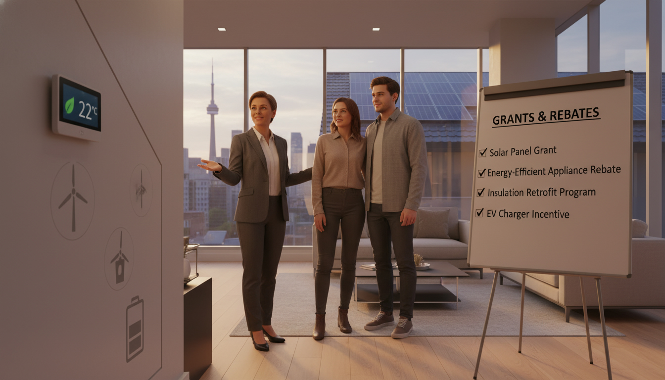 Realtor advising couple in an energy-efficient home with solar panels and smart thermostat visible