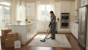 Professional cleaner cleaning a modern kitchen with moving boxes and house keys visible