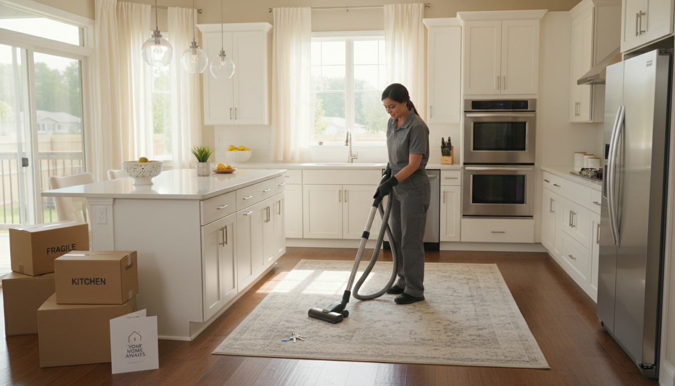 Professional cleaner cleaning a modern kitchen with moving boxes and house keys visible