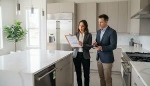 Appraiser inspecting upgraded kitchen with realtor and clipboard showing charts