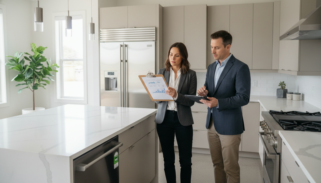 Appraiser inspecting upgraded kitchen with realtor and clipboard showing charts