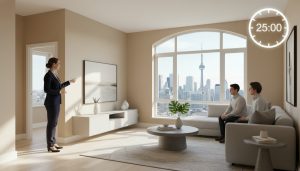 Staged living room with agent showing a couple and a clock overlay indicating 25 minutes