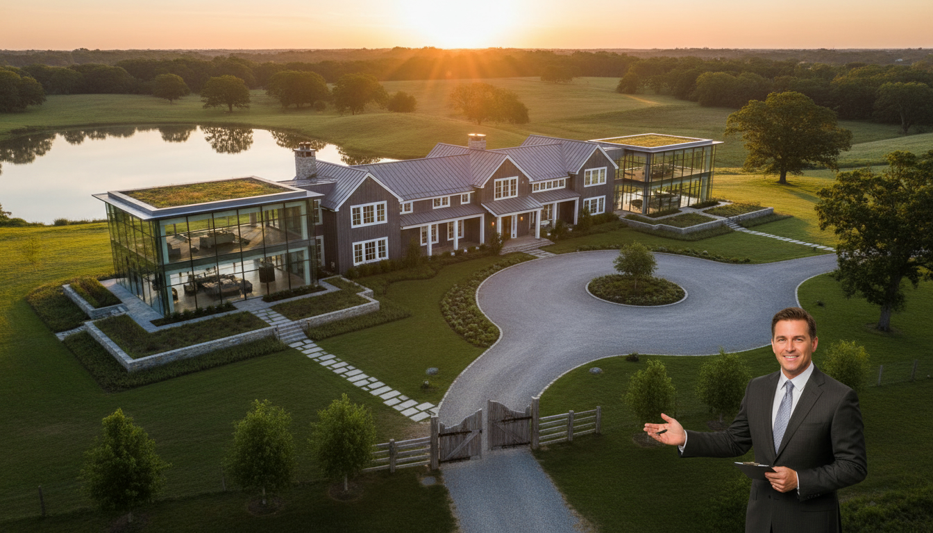 Aerial view of a unique luxury rural estate at sunrise with realtor at the gate