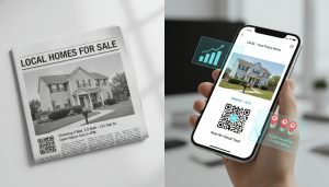 Split-screen showing newspaper ad and smartphone listing with For Sale sign and analytics overlay