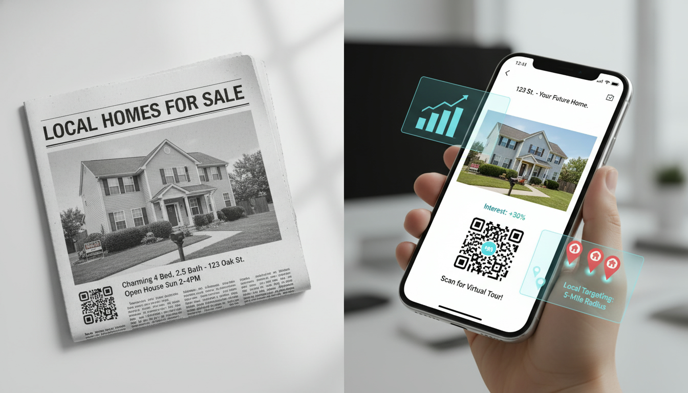 Split-screen showing newspaper ad and smartphone listing with For Sale sign and analytics overlay