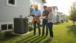 Home inspector performing a re-inspection, checking repaired HVAC with clipboard and invoices present