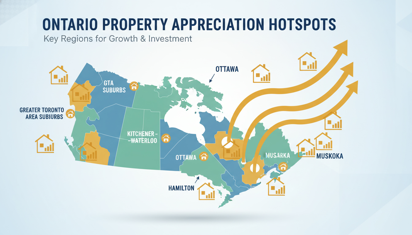 Map of Ontario highlighting property appreciation hotspots with upward arrows and house icons
